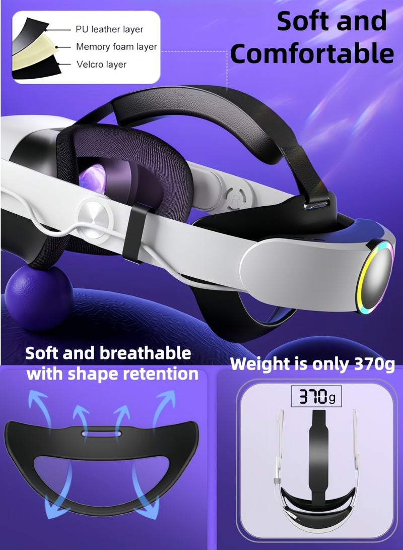 كول رابي حزام رأس مزود بإضاءة RGB وبطارية لأجهزة Meta/Oculus Quest 3/Quest 3S، بطارية بسعة 10000 مللي أمبير توفر 8 ساعات من اللعب المتواصل، شحن سريع، ملحقات بديلة قابلة للتعديل، دعم وتوازن محسّنان في الواقع الافتراضي - Image 3